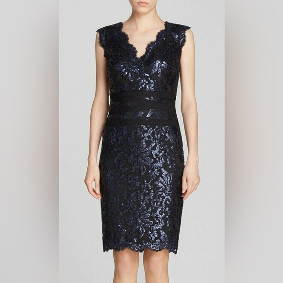 Tadashi Shoji Sequin Lace Banded Navy Black Sheath Cocktail Dress Whimsigoth - Picture 6 of 12